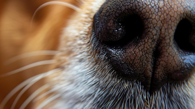 Photo closeup of a wet black dogs nose with visible hairs and shiny surface the background is blurred and out of focus