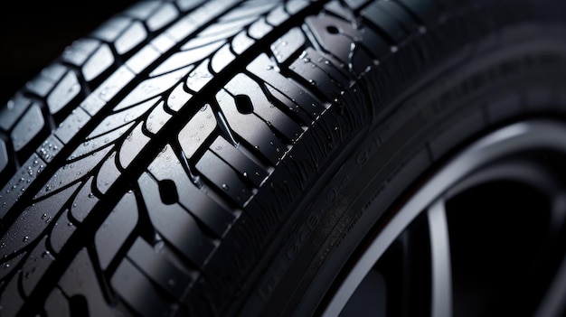 A closeup of a wet detailed car tire tread