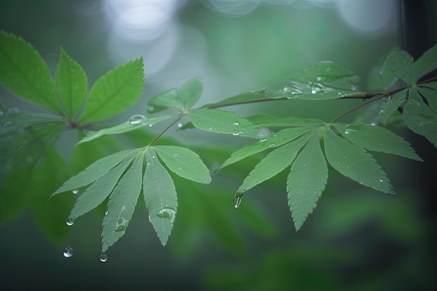 a closeup of wet textured leaves in a dewy morning in the forest