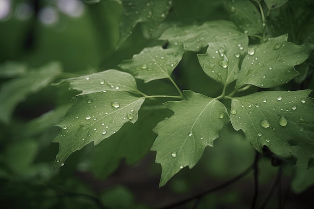 a closeup of wet textured leaves in a dewy morning in the forest