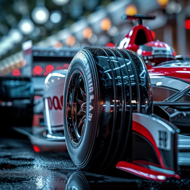 Closeup of a wet tire of a formula 1 car