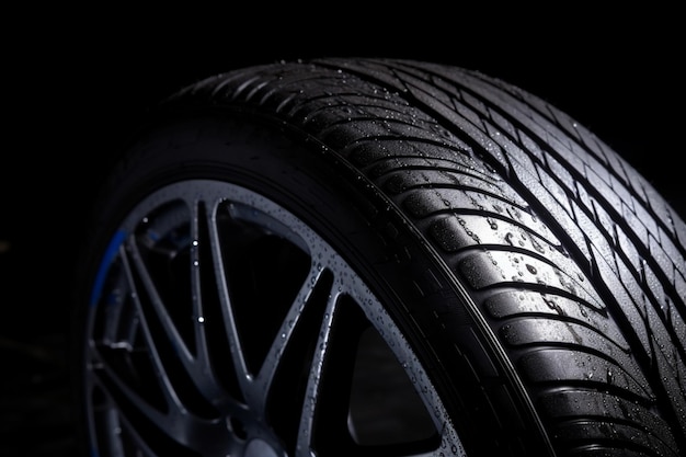 Closeup of wet vehicle tyre against black background with copy space