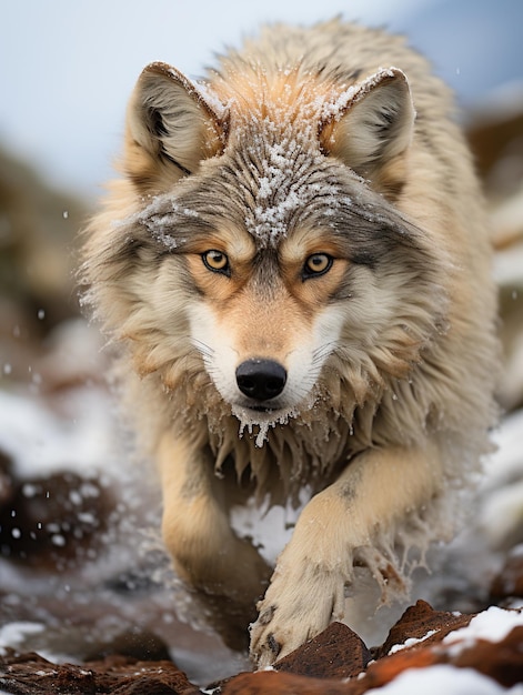 Closeup of a wet wolf walking in the snow