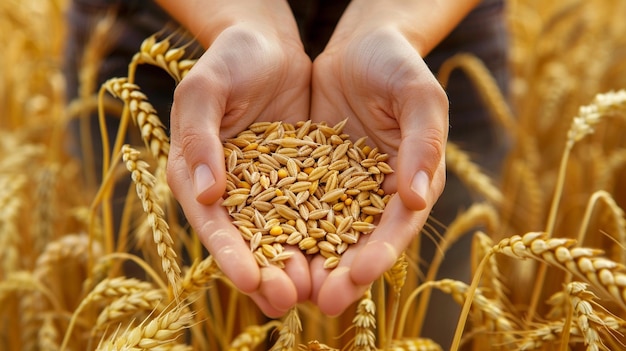 closeup of wheat and ears of corn in hands