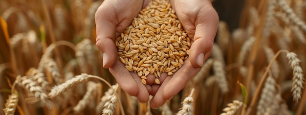 closeup of wheat and ears of corn in hands