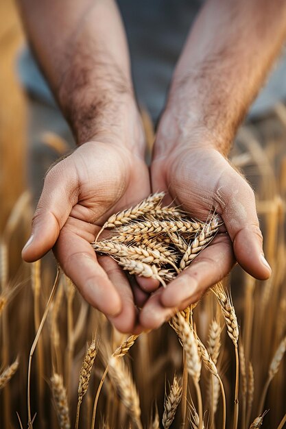 closeup of wheat and ears of corn in hands