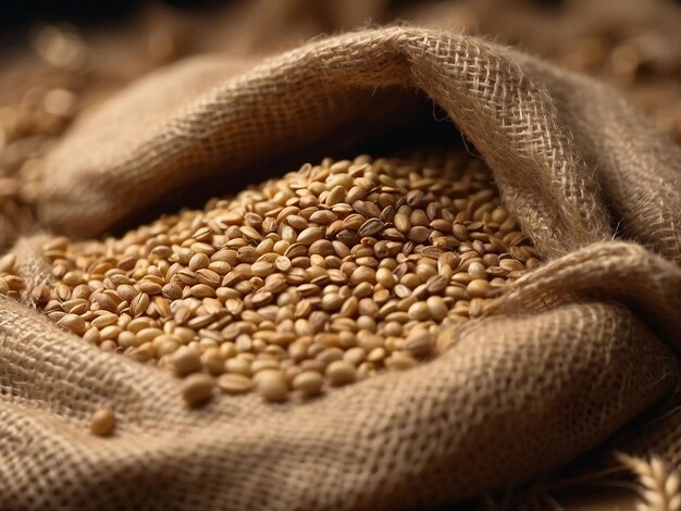 Closeup of wheat grains in a burlap sack