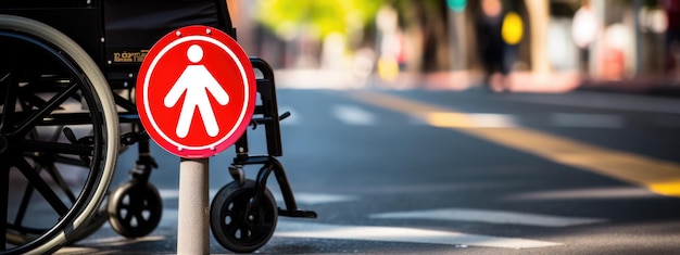 Foto close-up di una sedia a rotelle che attraversa una strada che evidenzia la mobilità e l'accessibilità in un ambiente urbano