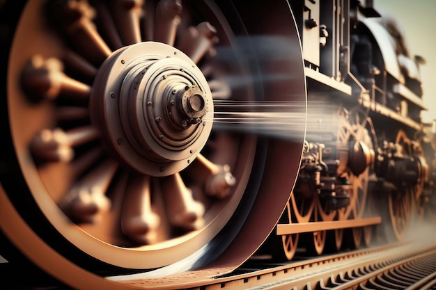 Closeup of the wheels of a train spinning on the tracks