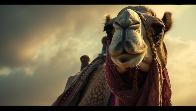 Клоуз-ап причудливого верблюда на фоне заходящего солнца цифровое художественное творение с теплыми тонами идеально подходит для плакатов и фона ИИ