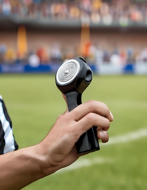 A closeup of a whistle with a refereeas hand and a blurred background of a sports field