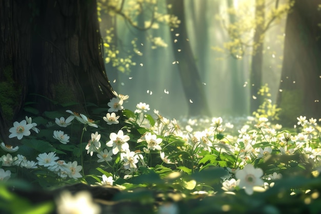 Closeup Of White Anemone Flowers In Sunlit Forest Surrounded By Primroses