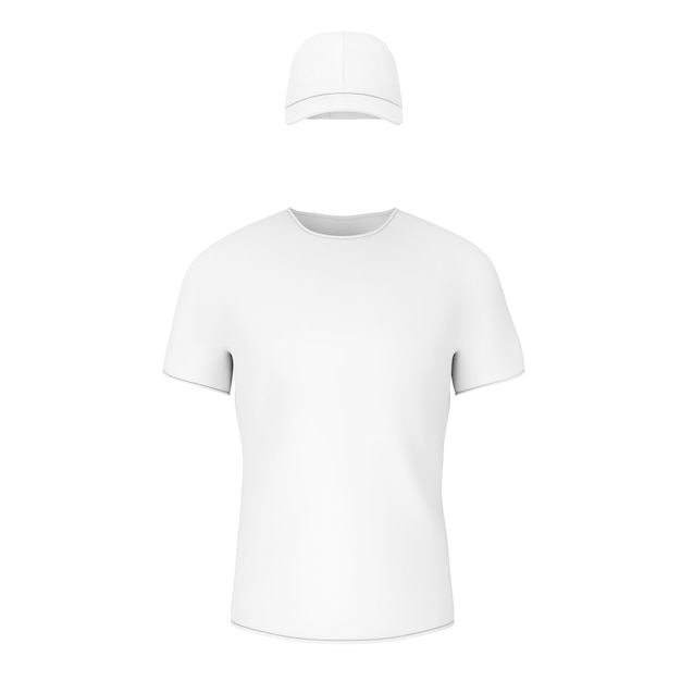 Closeup White Blank T-Shirt and Cap with Empty Space for Yours Design on a white background. 3d Rendering