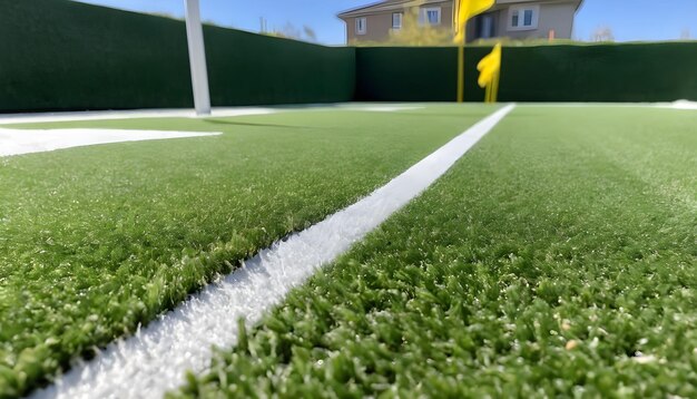 Closeup of white boundary lines on green artificial turf with a yellow corner flagpole on the left side under a bright sunny sky