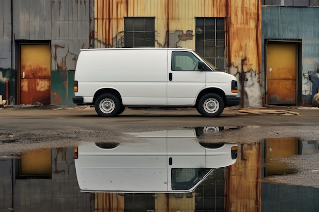 Photo closeup of a white cargo van parked near a warehouse