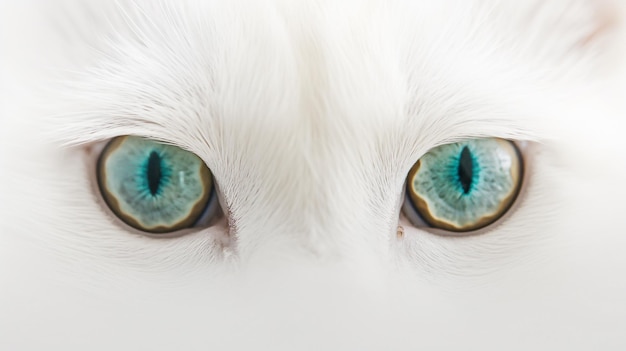 Близкий взгляд на белых кошек с яркими бирюзовыми глазами, обрамленными мехом