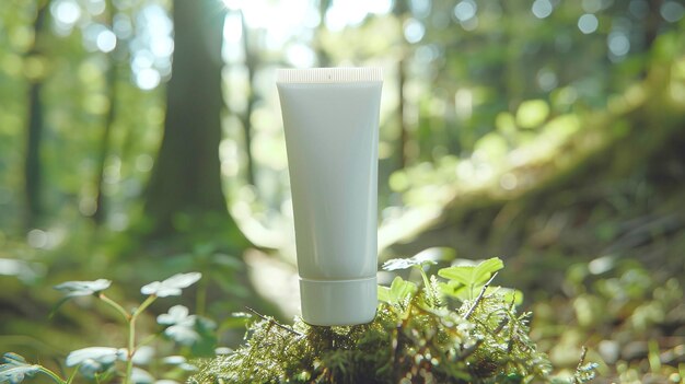 closeup of a white cosmetic tube on natural environment mockup