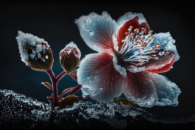 Closeup of a white and crimson blossom frozen in ice