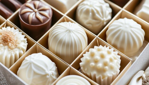 Closeup of a White Day gift box elegant wrapping assortment of white chocolates and candies