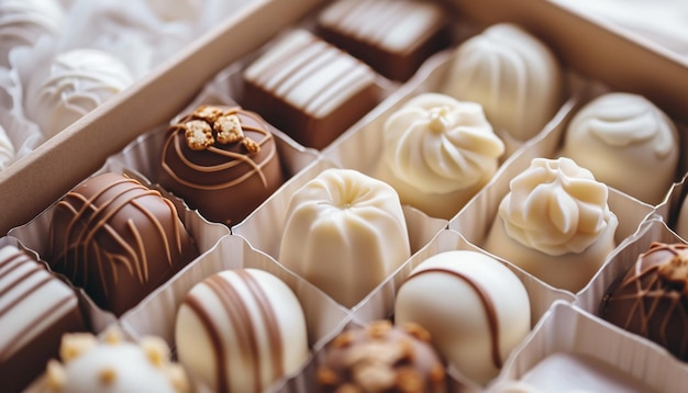 Closeup of a White Day gift box elegant wrapping assortment of white chocolates and candies