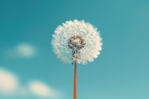 Близкий взгляд на белый пушистый цветок одуванчика на фоне голубого неба