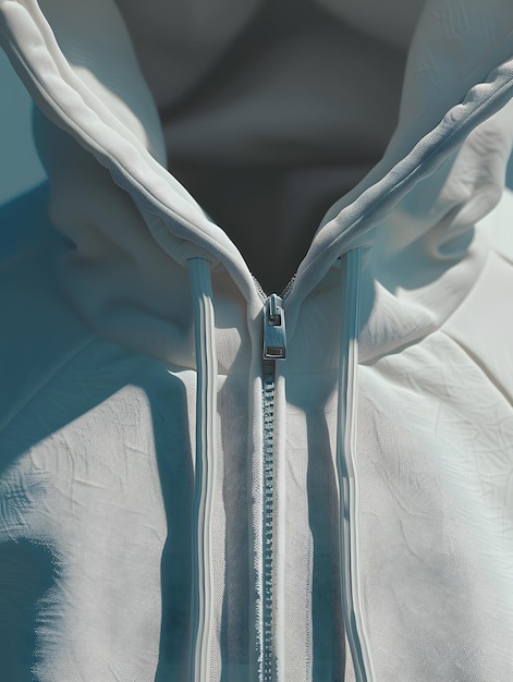 Foto close-up di un cappuccio bianco con un abbigliamento sportivo a cerniera per l'evento