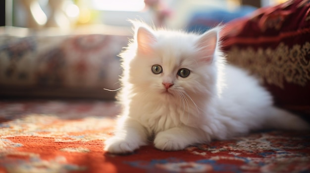 Closeup of a white kitten lying on a rug