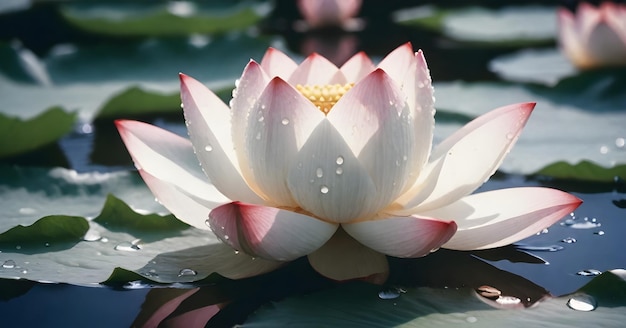 Closeup of a white and pink lotus flower with water droplets on its petals floating on calm water