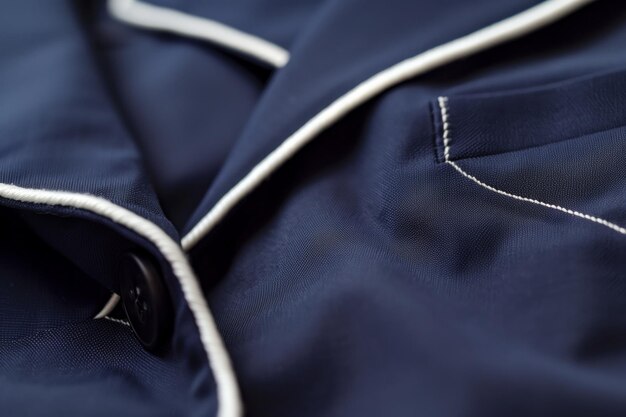 Closeup of white piping seam on a navy blue blazer