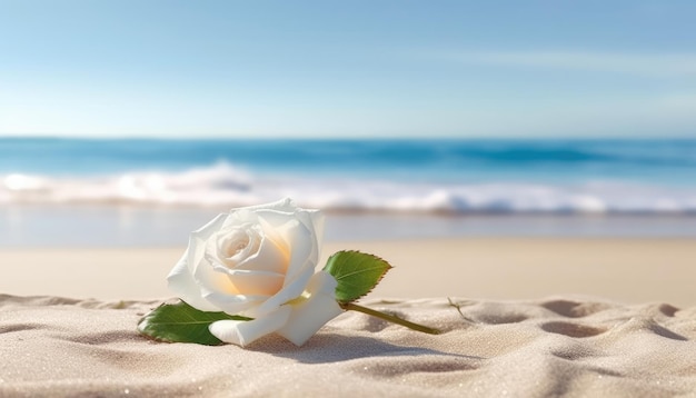 Closeup white rose on the beach with sea in the background