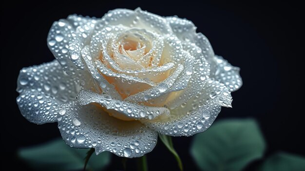 Closeup of a white rose with dewdrops