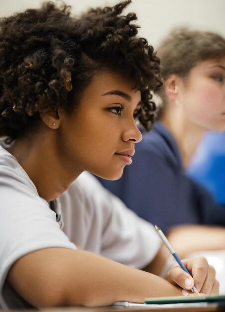 Closeup on a white student sat in class