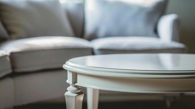 Closeup of white table in front of defocused sofa