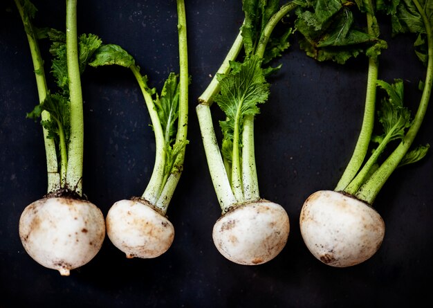 Closeup of white turnips on black background