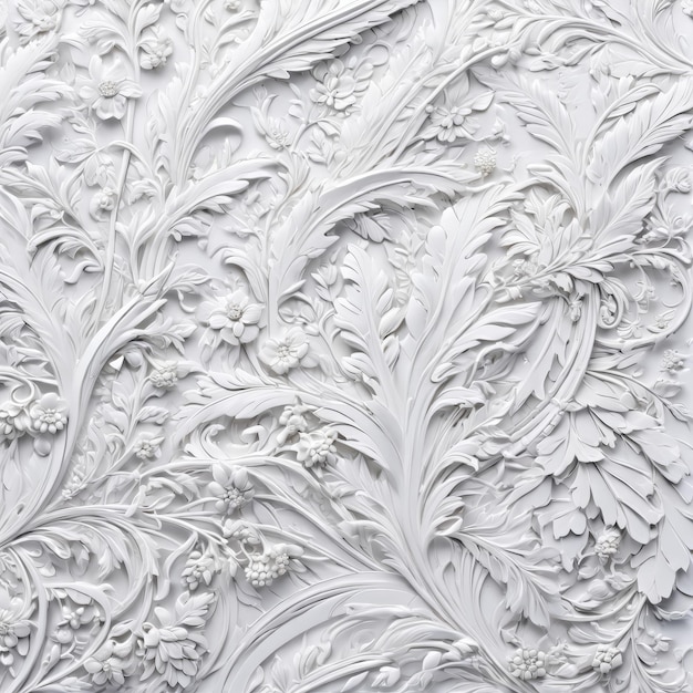 Photo closeup of white wallpaper with flowers and leaves