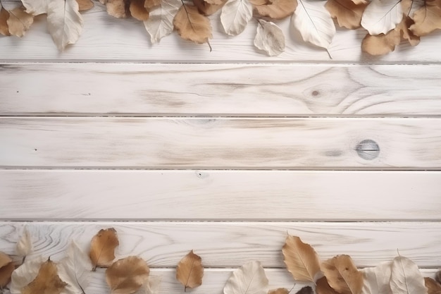 CloseUp of White Wooden Surface with Scattered Leaves Minimal and Natural