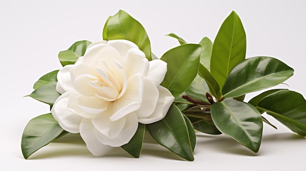 A closeup of a whitehued gardenia with foliage on a plain backdrop