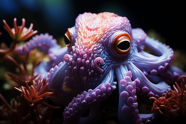 Closeup wide angle dramatic photo of a purple Octopus swimming