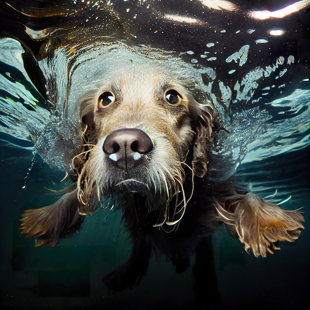 closeup wide angle underwater photo upshot of a dog underwater