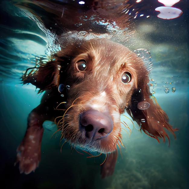 closeup wide angle underwater photo upshot of a dog underwater