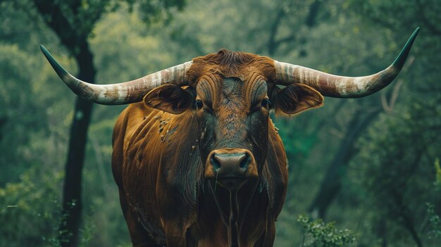 closeup of a wild buffalo standing alone in forest