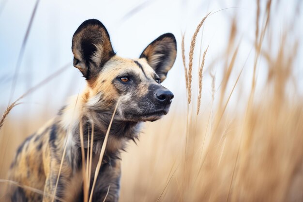 Foto close-up di un cane selvaggio con uno sguardo intenso durante la caccia