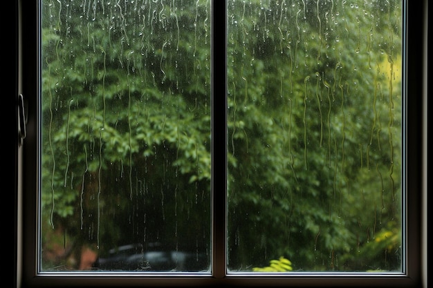 Closeup of a window on a grey rainy day with the glass full of raindrops falling down