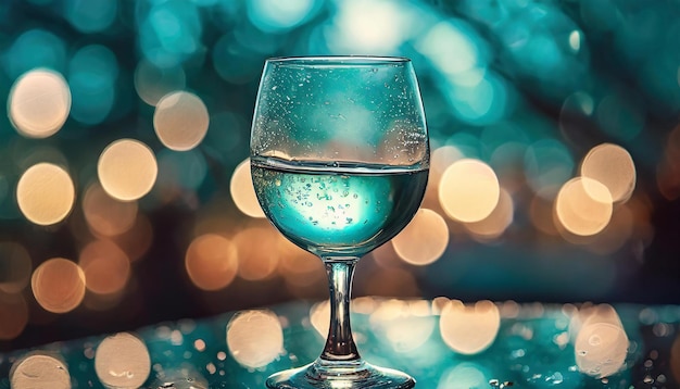 Closeup of wine glass with water Water drops Refreshing drink Blue tones