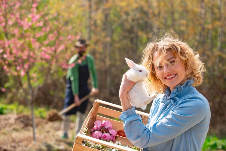 Closeup of winking girl with bunny rabbit portrait of young woman posing with rabbit