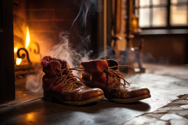 生成 AI で作成された暖炉の近くで湯気を立てる冬のブーツのクローズ アップ