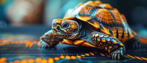 Closeup of a wise tortoise in a business suit its shell reflecting stock market charts