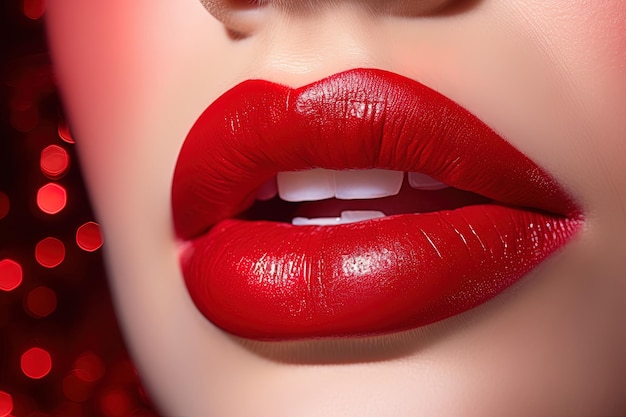 세련된 빨간 립스틱을 바른 젊은 여성의 아름다운 입으로 클로즈업