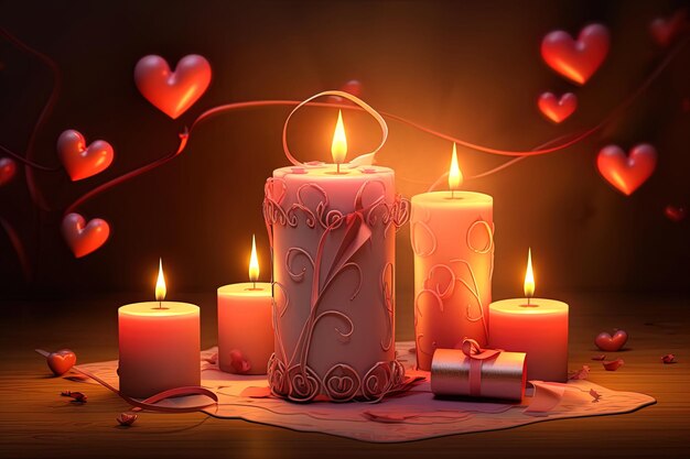 Closeup with floating hearts and burning candles on dark gradient background