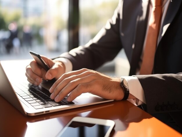 closeup with hand of businessman using laptop with out door cafe chilling technology concept AI Generative